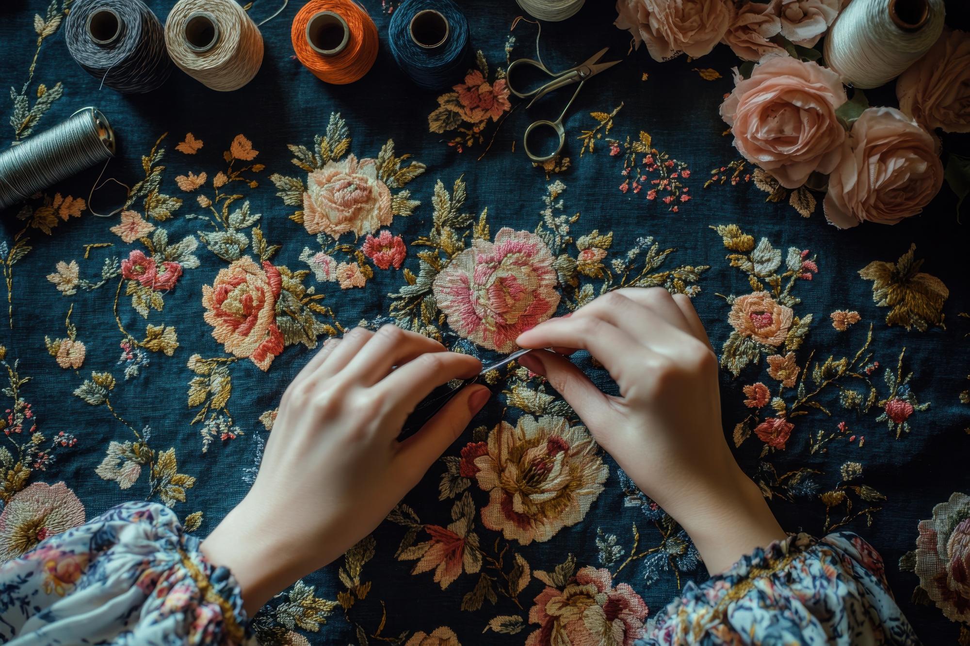 Artisan at work embroidering a floral pattern